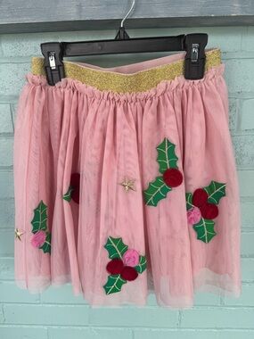 Mini Boden Pink Tulle Skirt with Gold Waistband and Holly Appliqués